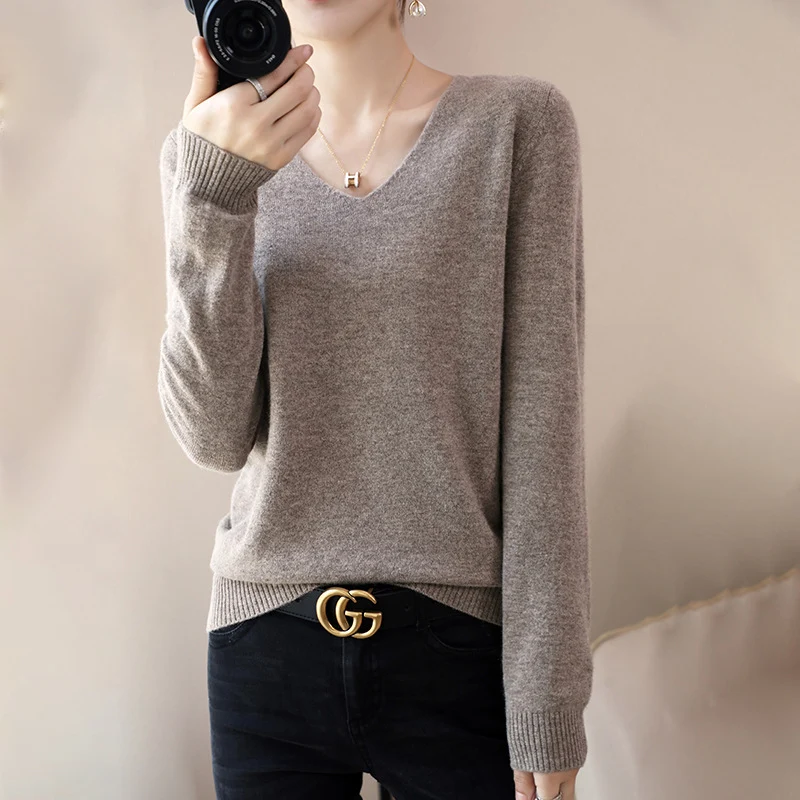 Damen V-Ausschnitt Pullover in Kaschmir-Optik mit legerem Schnitt und Rippbündchen Nord Taschen