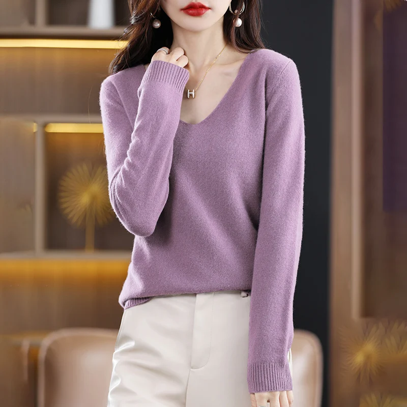 Damen V-Ausschnitt Pullover in Kaschmir-Optik mit legerem Schnitt und Rippbündchen Nord Taschen