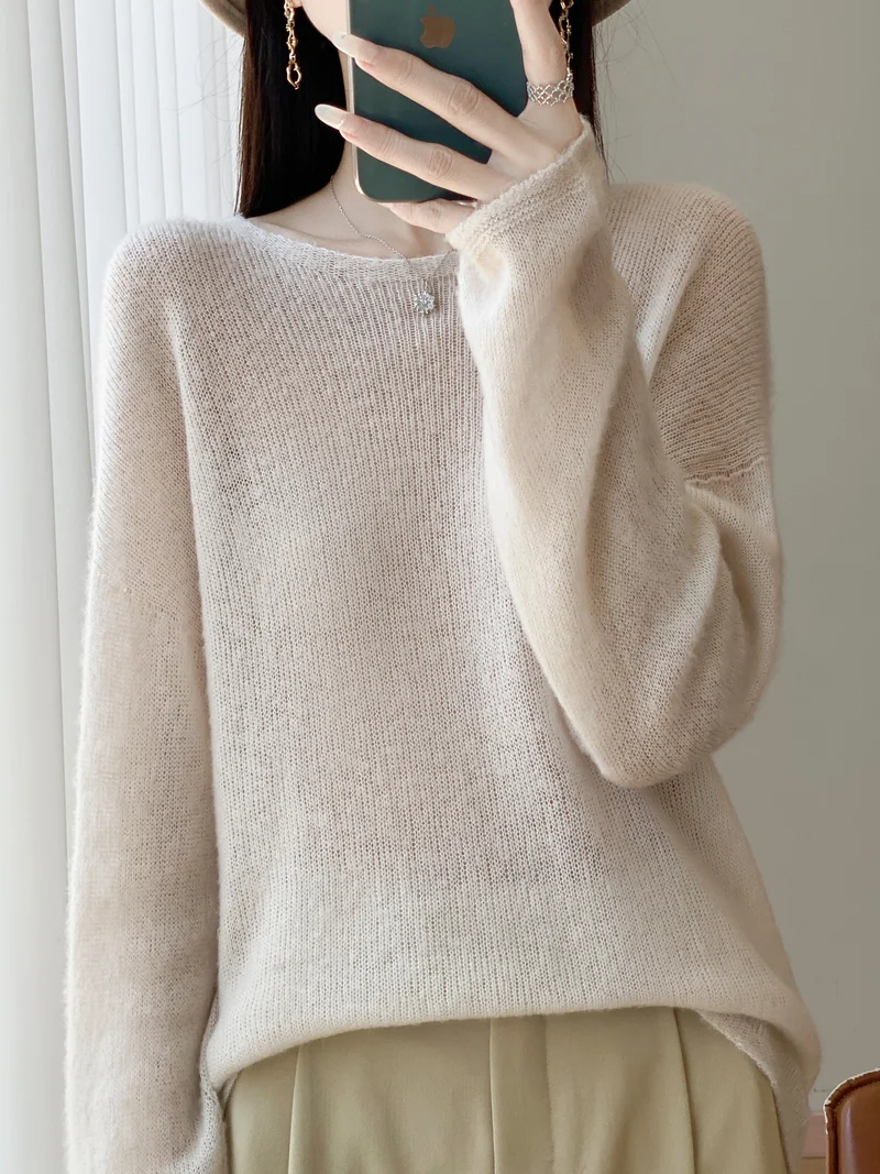 Damen Ultraleichter Mohair‑Look Oversize-Pullover mit U-Boot-Ausschnitt und überschnittener Schulter Nord Taschen