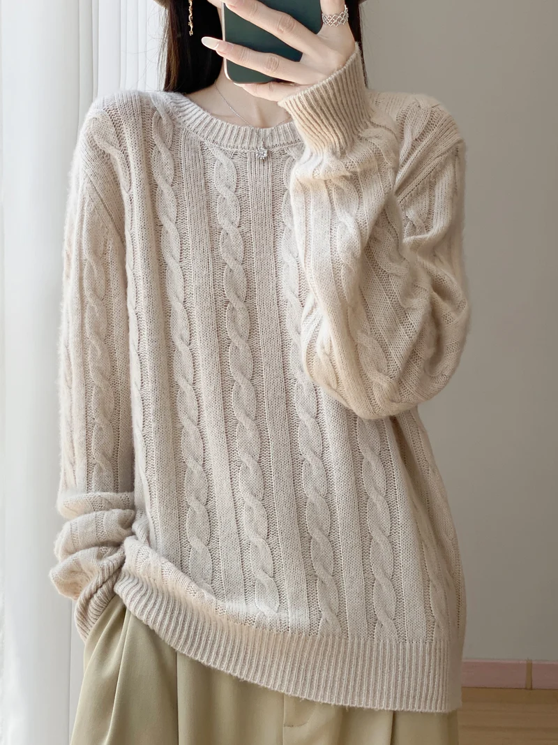 Damen Übergrößen Zopfmuster-Pullover im Mohair-Look mit geripptem Saum Nord Taschen