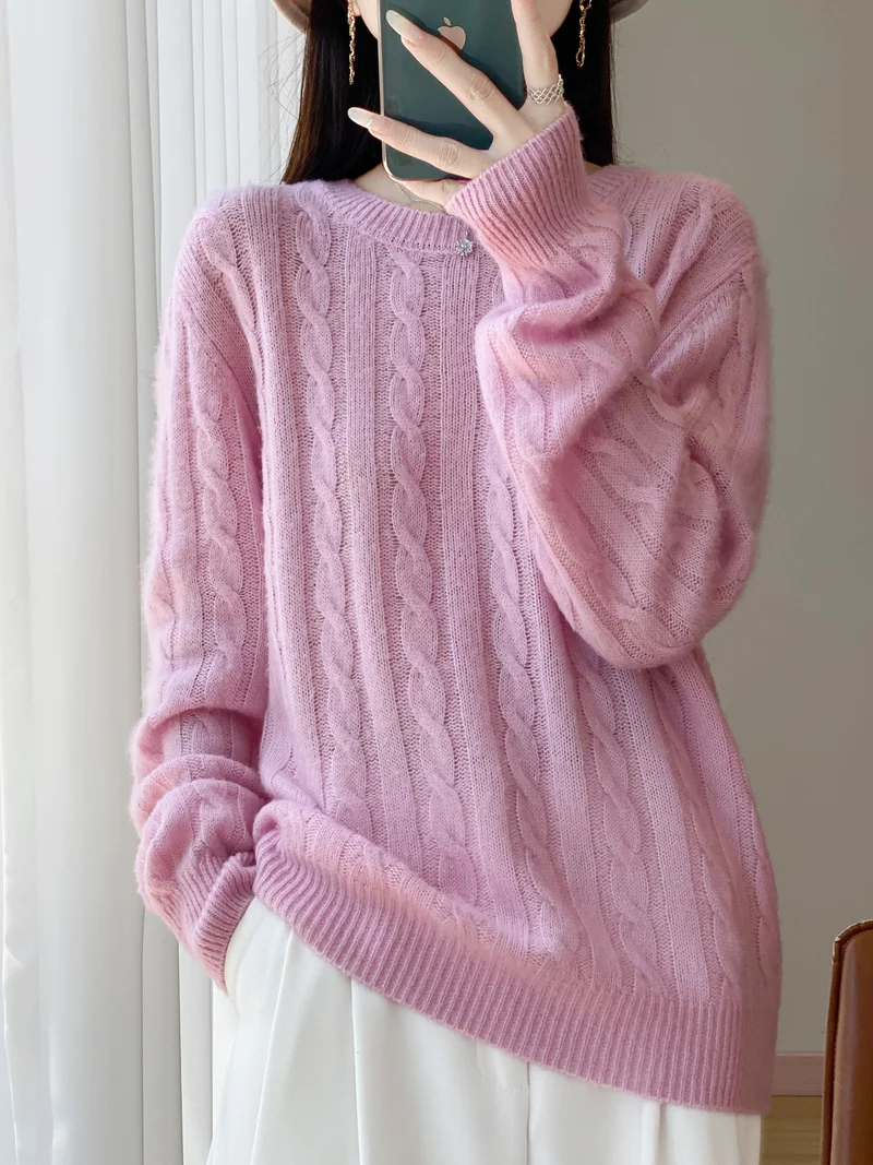 Damen Übergrößen Zopfmuster-Pullover im Mohair-Look mit geripptem Saum Nord Taschen
