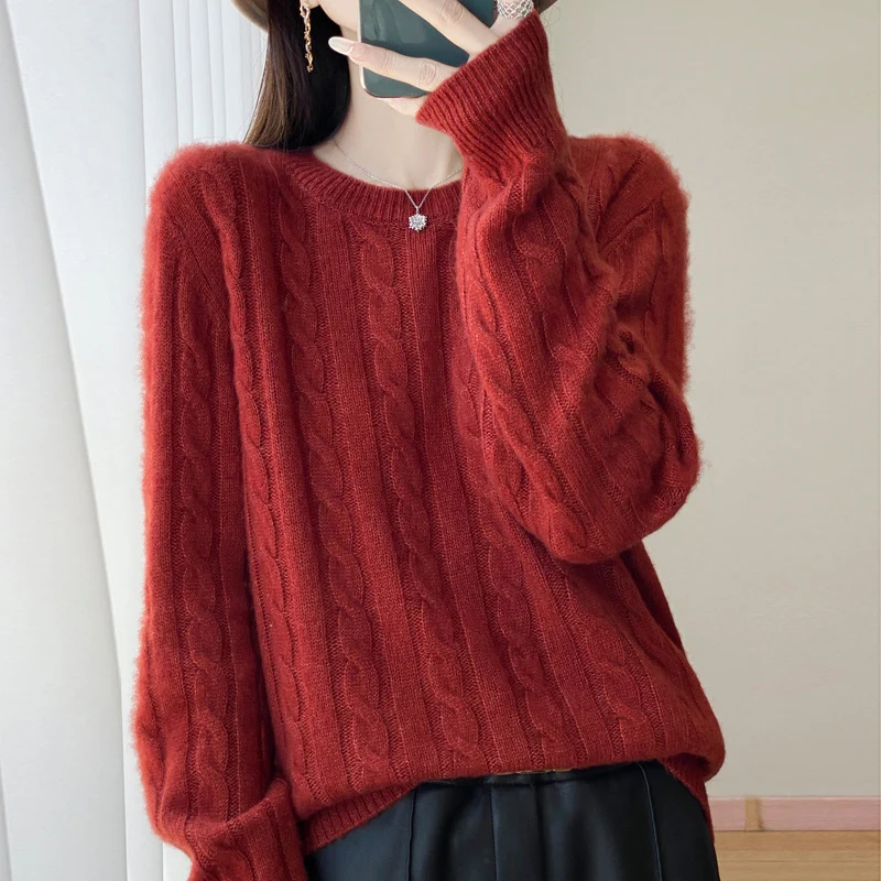 Damen Übergrößen Zopfmuster-Pullover im Mohair-Look mit geripptem Saum Nord Taschen