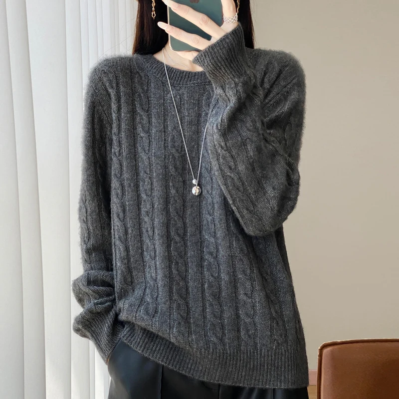 Damen Übergrößen Zopfmuster-Pullover im Mohair-Look mit geripptem Saum Nord Taschen