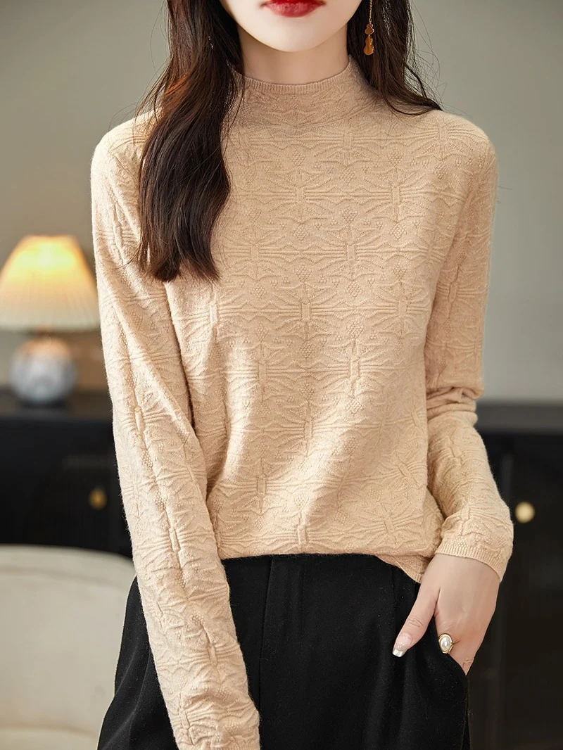 Damen Strukturiertes Feinstrick-Longsleeve mit Stehkragen und kastiger Silhouette Nord Taschen