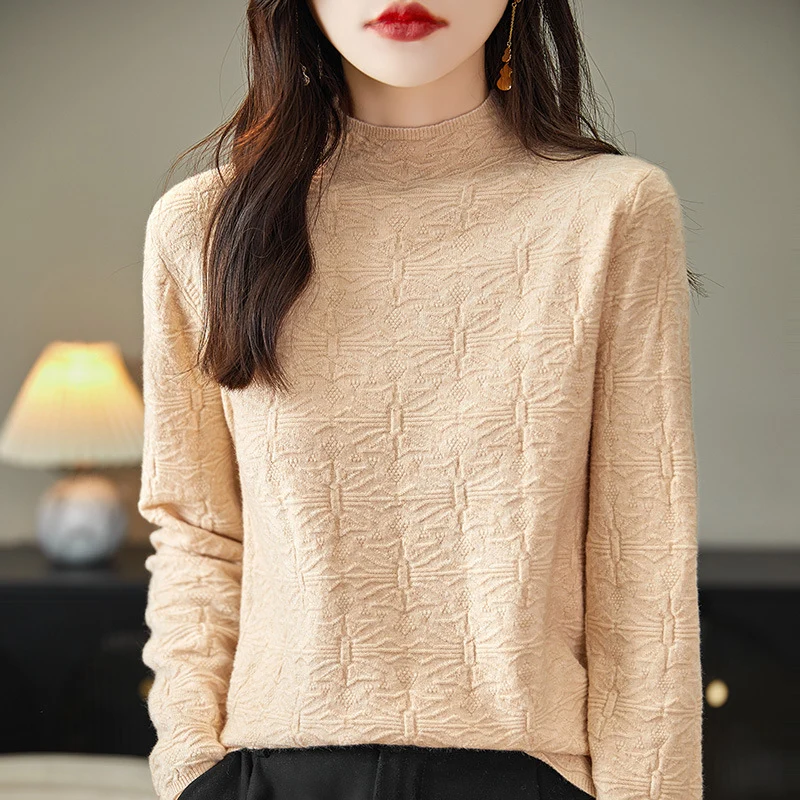 Damen Strukturiertes Feinstrick-Longsleeve mit Stehkragen und kastiger Silhouette Nord Taschen