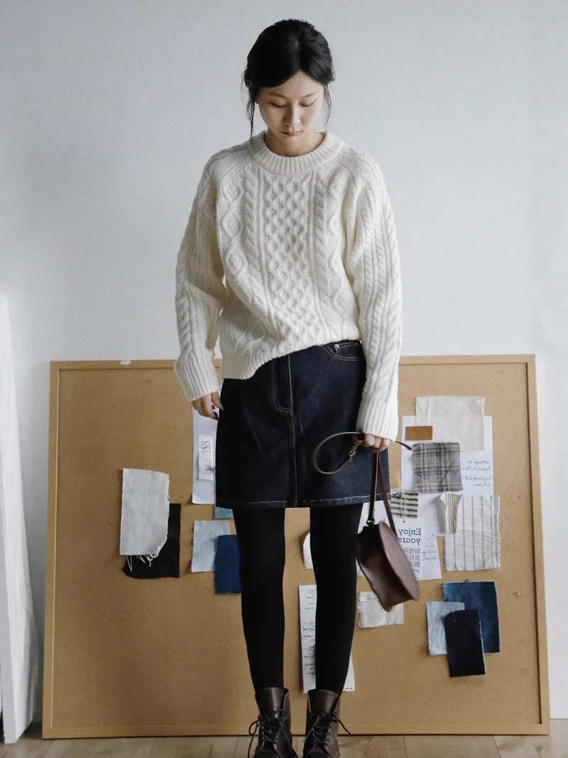 Damen Strukturierter Zopfmuster-Pullover aus Merino-Mix mit gerippten Abschlüssen und kastiger Passform Nord Taschen