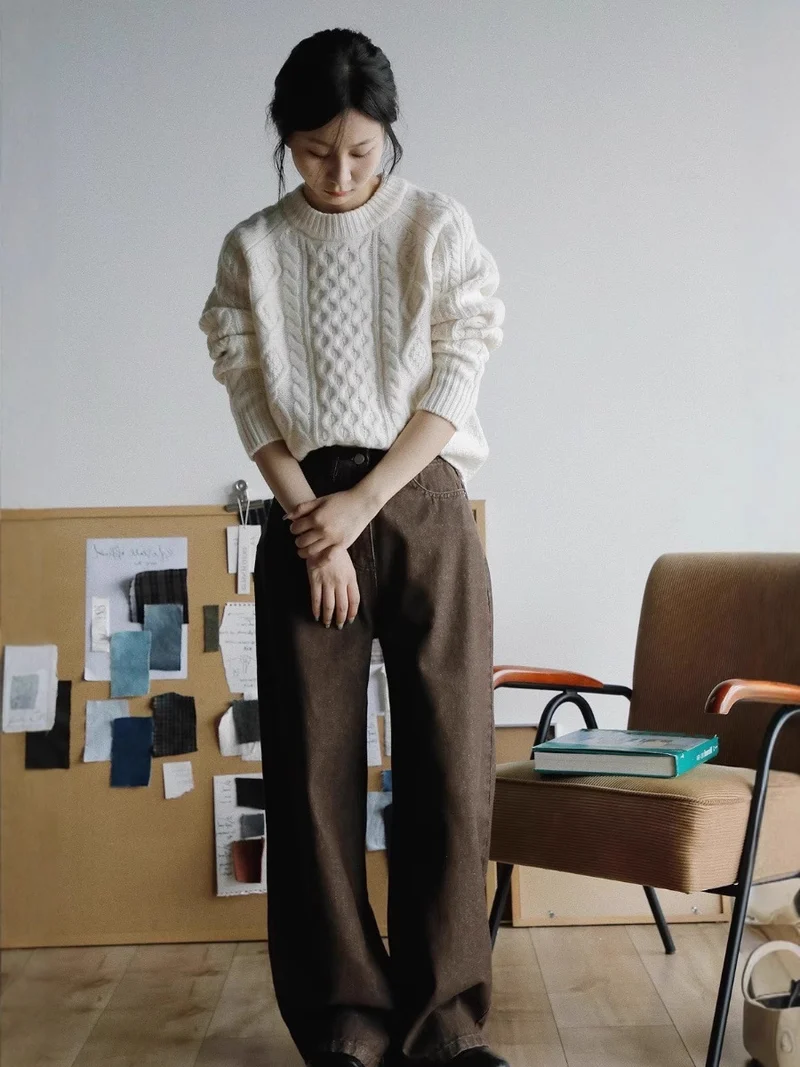 Damen Strukturierter Zopfmuster-Pullover aus Merino-Mix mit gerippten Abschlüssen und kastiger Passform Nord Taschen