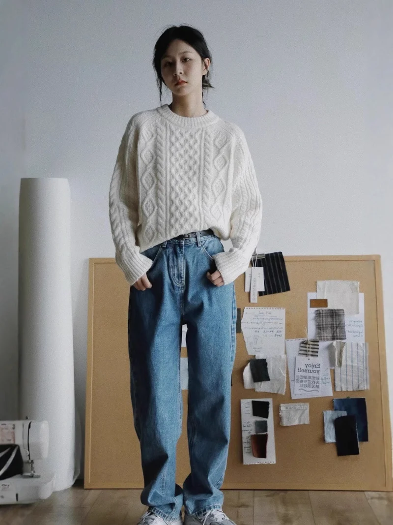 Damen Strukturierter Zopfmuster-Pullover aus Merino-Mix mit gerippten Abschlüssen und kastiger Passform Nord Taschen
