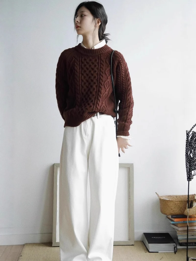 Damen Strukturierter Zopfmuster-Pullover aus Merino-Mix mit gerippten Abschlüssen und kastiger Passform Nord Taschen