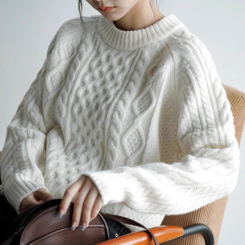Damen Strukturierter Zopfmuster-Pullover aus Merino-Mix mit gerippten Abschlüssen und kastiger Passform Nord Taschen