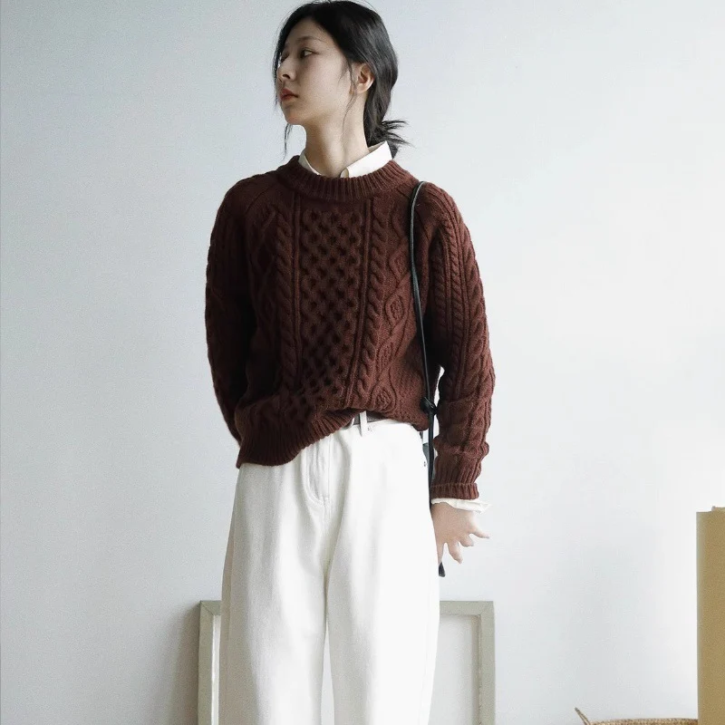 Damen Strukturierter Zopfmuster-Pullover aus Merino-Mix mit gerippten Abschlüssen und kastiger Passform Nord Taschen