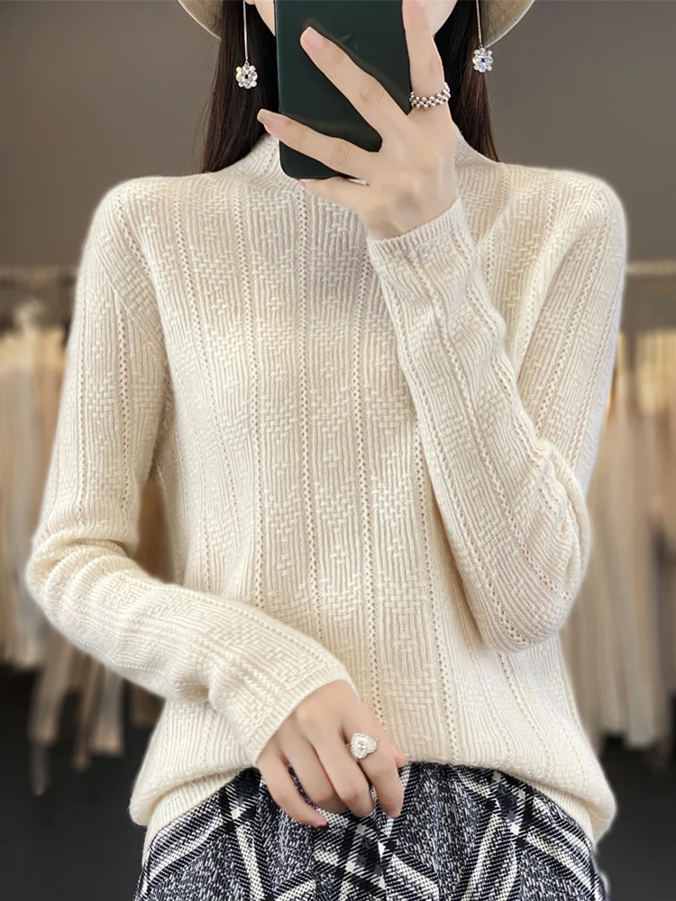 Damen Strukturierter Mockneck-Pullover aus kaschmirähnlicher Wollmischung Nord Taschen
