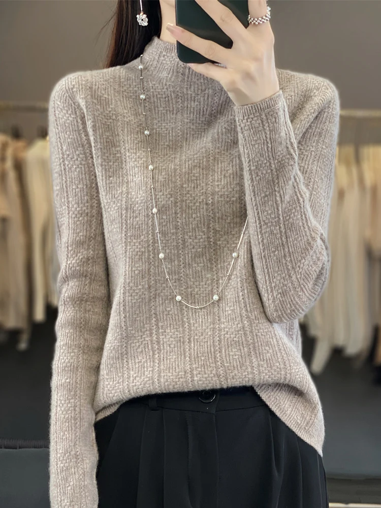Damen Strukturierter Mockneck-Pullover aus kaschmirähnlicher Wollmischung Nord Taschen