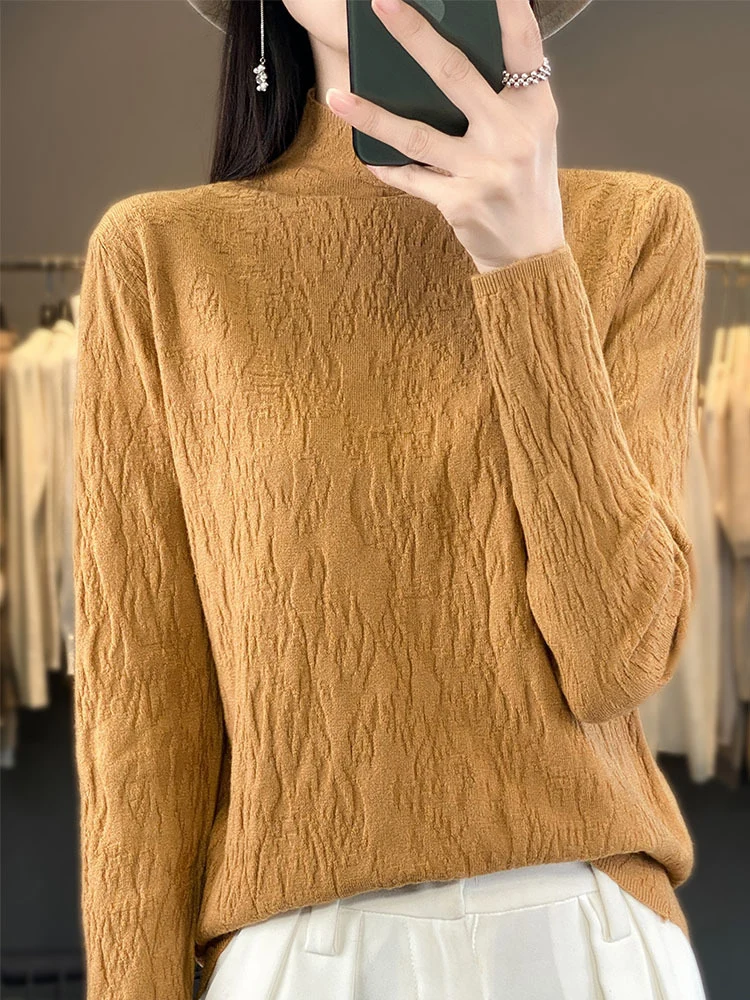 Damen Strukturierter Feinstrick-Pullover mit kurzem Stehkragen und Crinkle-Optik Nord Taschen
