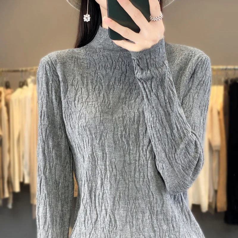 Damen Strukturierter Feinstrick-Pullover mit kurzem Stehkragen und Crinkle-Optik Nord Taschen