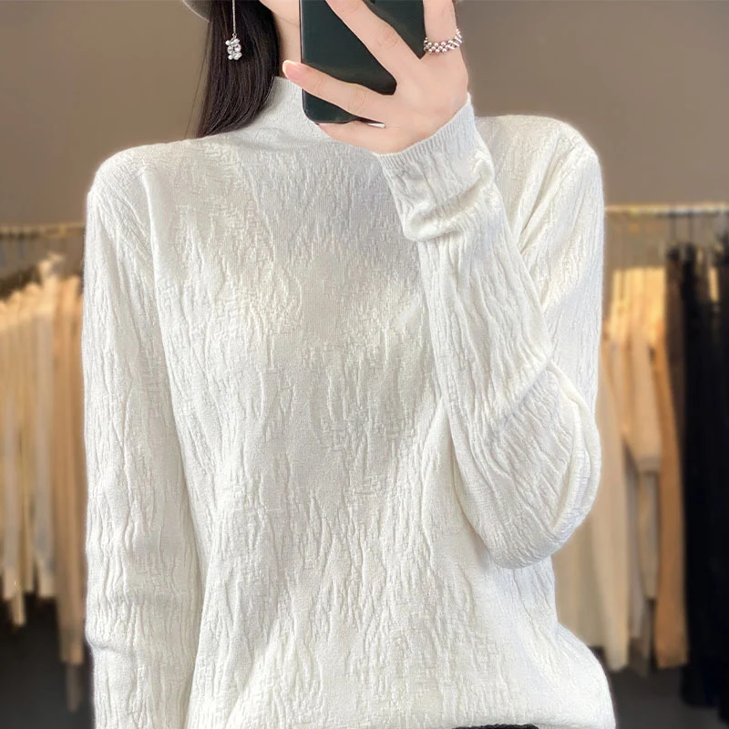 Damen Strukturierter Feinstrick-Pullover mit kurzem Stehkragen und Crinkle-Optik Nord Taschen