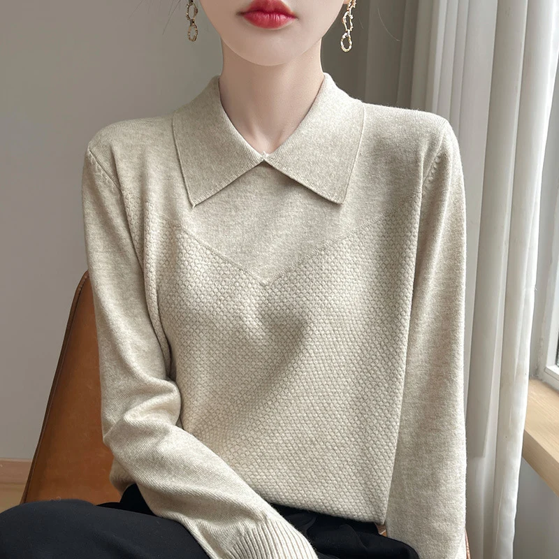 Damen Strickpullover mit Hemdkragen und strukturierter Vorderseite Nord Taschen