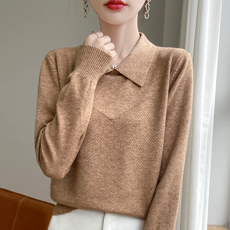 Damen Strickpullover mit Hemdkragen und strukturierter Vorderseite Nord Taschen