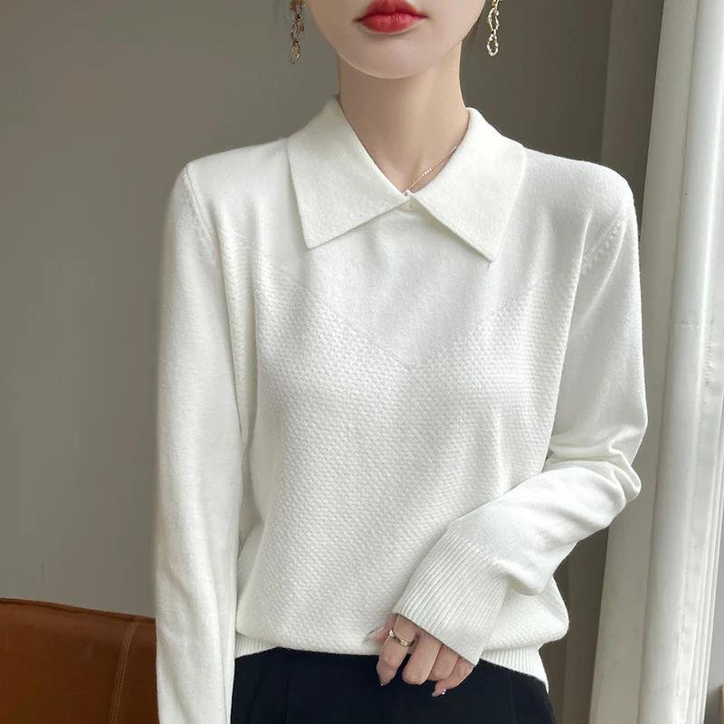 Damen Strickpullover mit Hemdkragen und strukturierter Vorderseite Nord Taschen