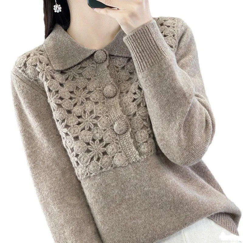 Damen Strickpullover mit gehäkelter Ajour‑Blende und Polokragen Nord Taschen