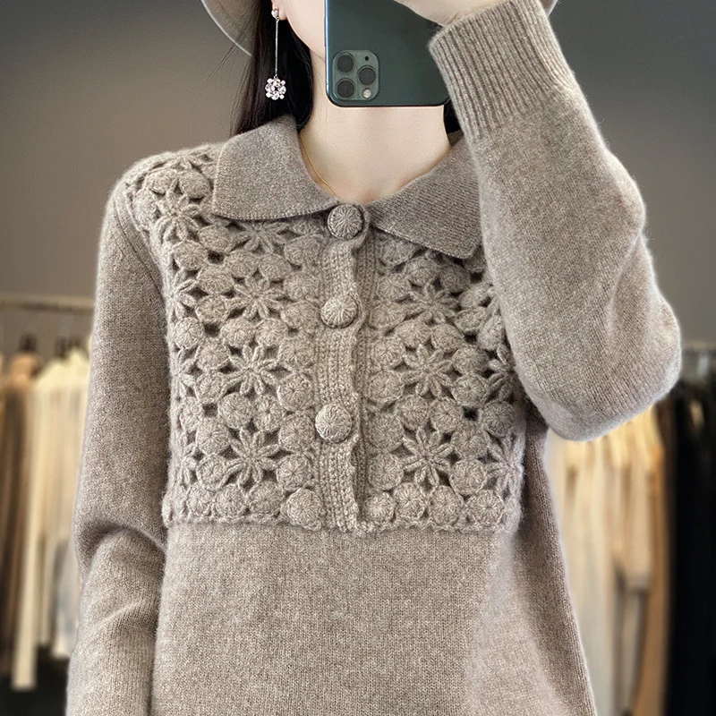 Damen Strickpullover mit gehäkelter Ajour‑Blende und Polokragen Nord Taschen
