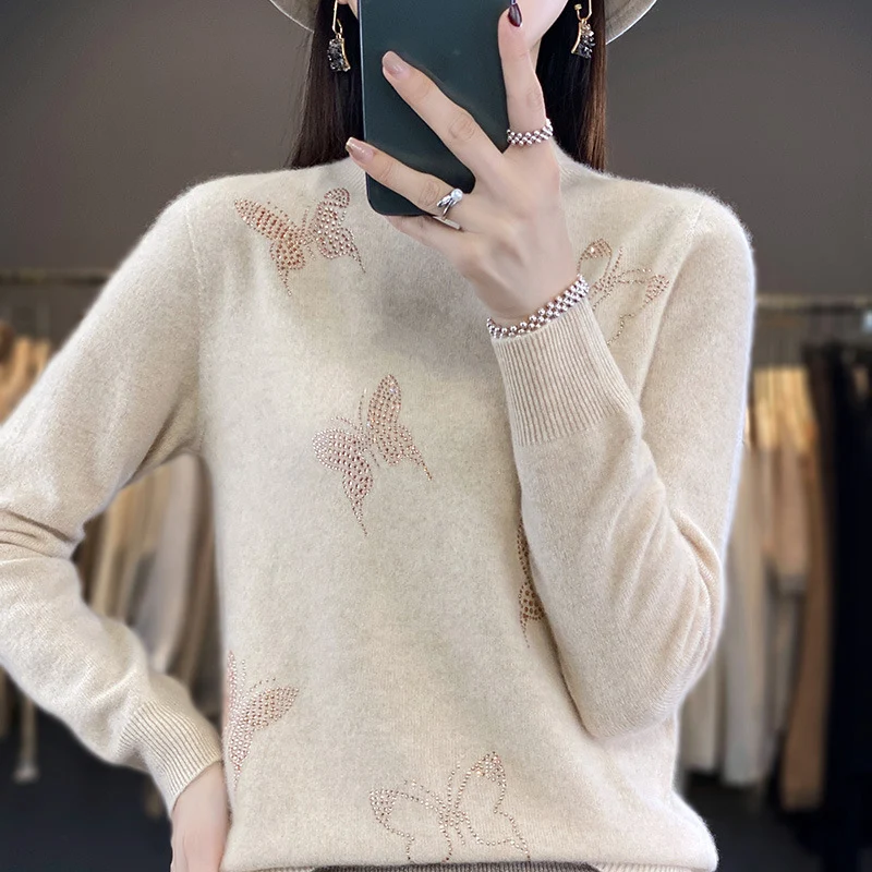 Damen Stehkragen-Feinstrickpullover mit Strass-Schmetterlingsapplikation Nord Taschen