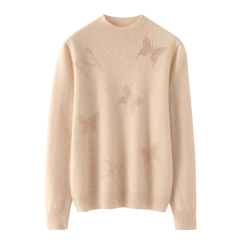 Damen Stehkragen-Feinstrickpullover mit Strass-Schmetterlingsapplikation Nord Taschen