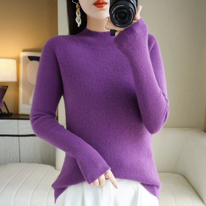 Damen Schmal geschnittener Stehkragenpullover aus leichtem Feinstrick mit feiner Rippenstruktur Nord Taschen