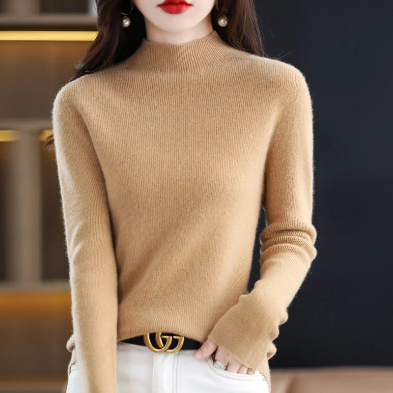 Damen Schmal geschnittener Mockneck-Pullover aus kaschmirähnlichem Feinstrick Nord Taschen