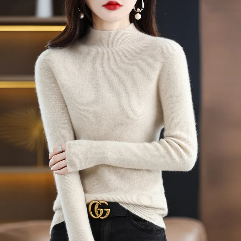 Damen Schmal geschnittener Mockneck-Pullover aus kaschmirähnlichem Feinstrick Nord Taschen