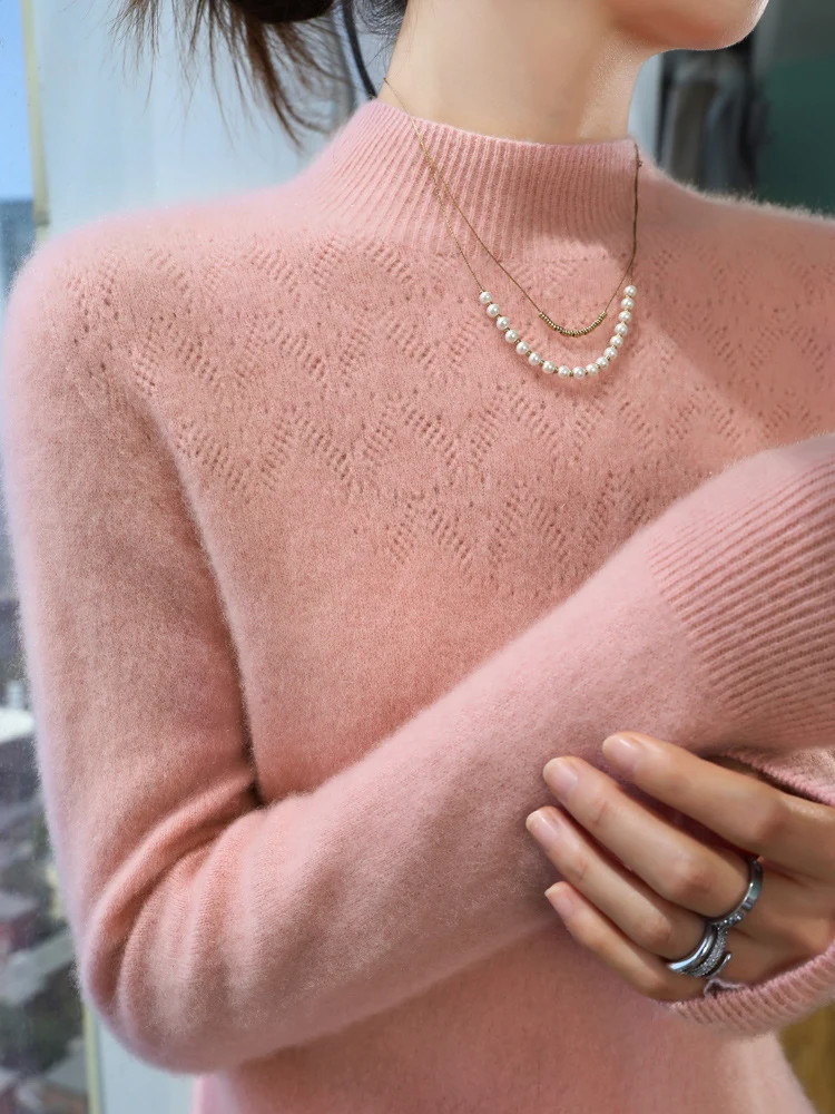 Damen Schlanker minimalistischer Stehkragen-Feinstrickpullover mit geripptem Hals Nord Taschen