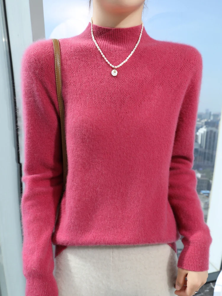 Damen Schlanker minimalistischer Stehkragen-Feinstrickpullover mit geripptem Hals Nord Taschen