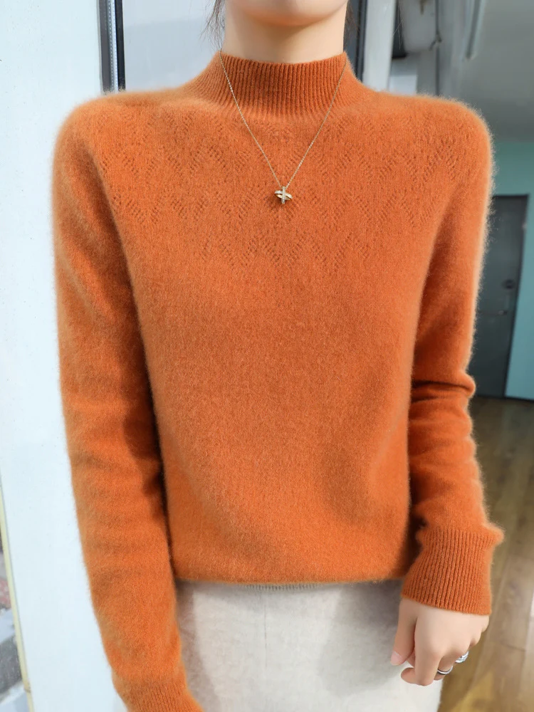 Damen Schlanker minimalistischer Stehkragen-Feinstrickpullover mit geripptem Hals Nord Taschen