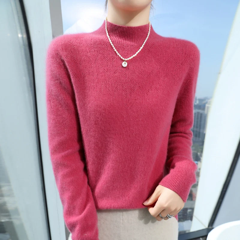 Damen Schlanker minimalistischer Stehkragen-Feinstrickpullover mit geripptem Hals Nord Taschen
