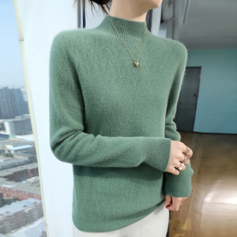 Damen Schlanker minimalistischer Stehkragen-Feinstrickpullover mit geripptem Hals Nord Taschen