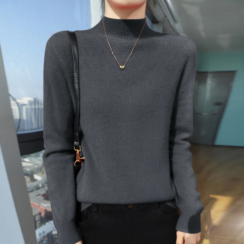 Damen Schlanker minimalistischer Stehkragen-Feinstrickpullover mit geripptem Hals Nord Taschen