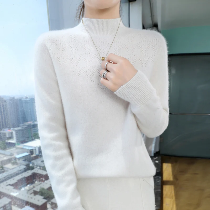 Damen Schlanker minimalistischer Stehkragen-Feinstrickpullover mit geripptem Hals Nord Taschen