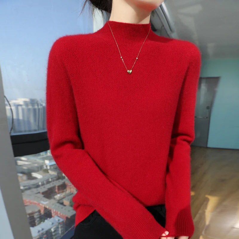 Damen Schlanker minimalistischer Stehkragen-Feinstrickpullover mit geripptem Hals Nord Taschen