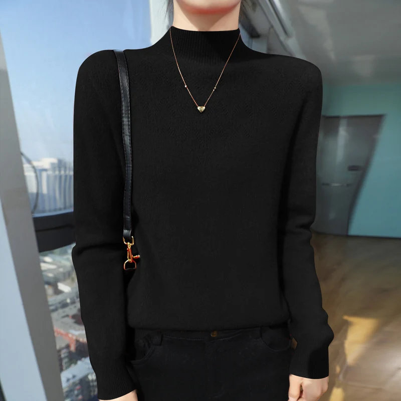 Damen Schlanker minimalistischer Stehkragen-Feinstrickpullover mit geripptem Hals Nord Taschen