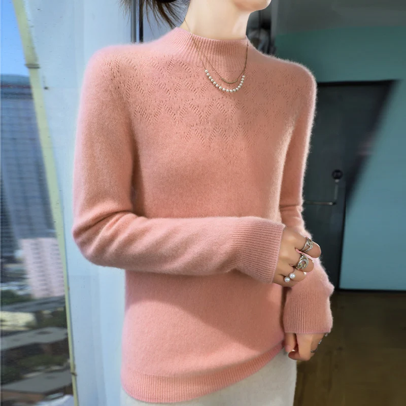 Damen Schlanker minimalistischer Stehkragen-Feinstrickpullover mit geripptem Hals Nord Taschen