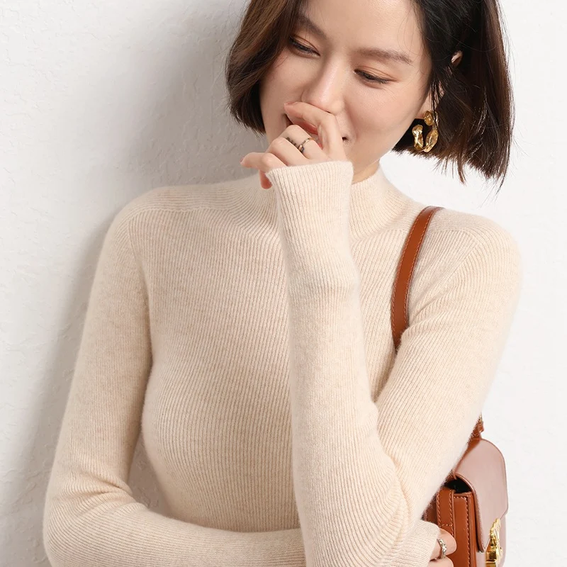 Damen Schlanker Feinstrick-Stehkragenpullover mit extrafeiner Rippenstruktur und Kaschmir‑Look Nord Taschen