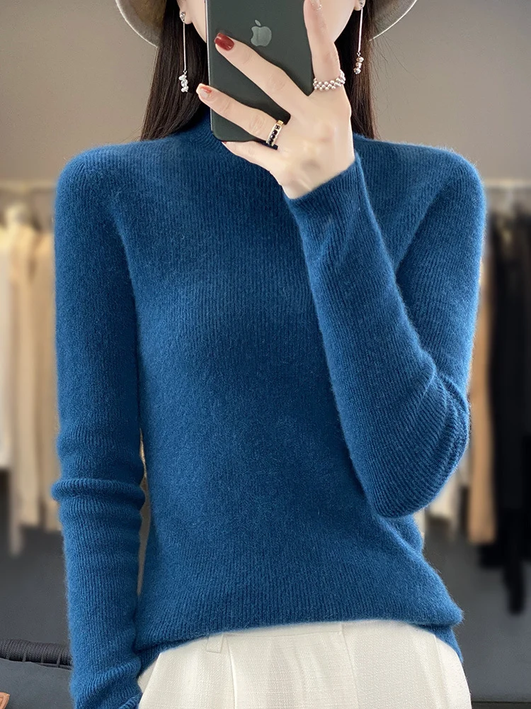Damen Schlanker Feinstrick-Mockneckpullover aus feinem Angora‑Mix Nord Taschen