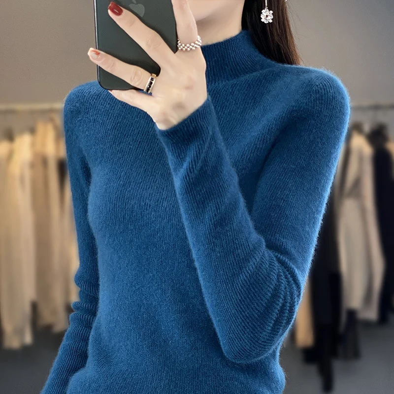 Damen Schlanker Feinstrick-Mockneckpullover aus feinem Angora‑Mix Nord Taschen