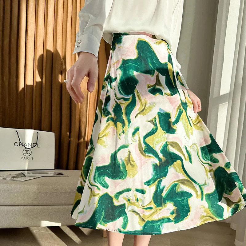 Damen Satin-Midirock mit abstraktem Aquarell-Blumenprint und hohem Bund Nord Taschen