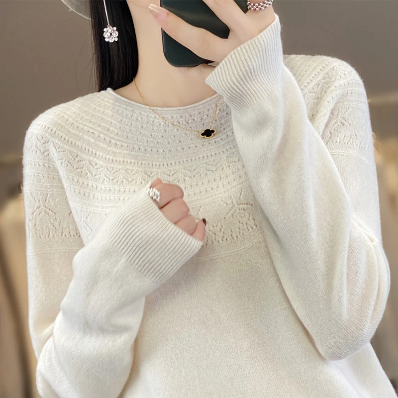 Damen Rundhals-Feinstrickpullover mit strukturierter Passe und Kaschmir-Optik Nord Taschen