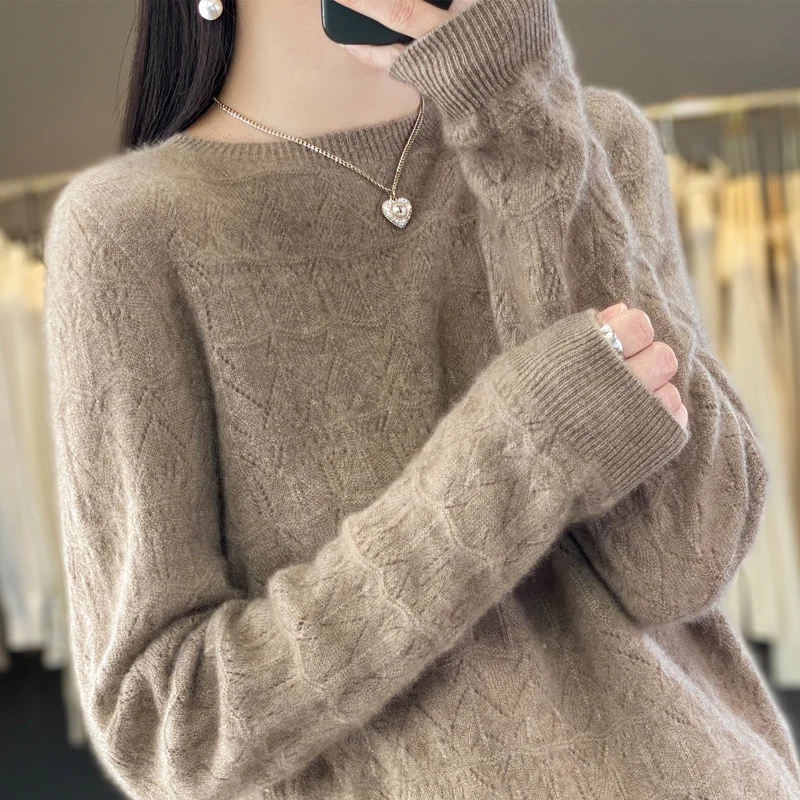 Damen Rundhals-Feinstrickpullover mit strukturierter Passe und Kaschmir-Optik Nord Taschen