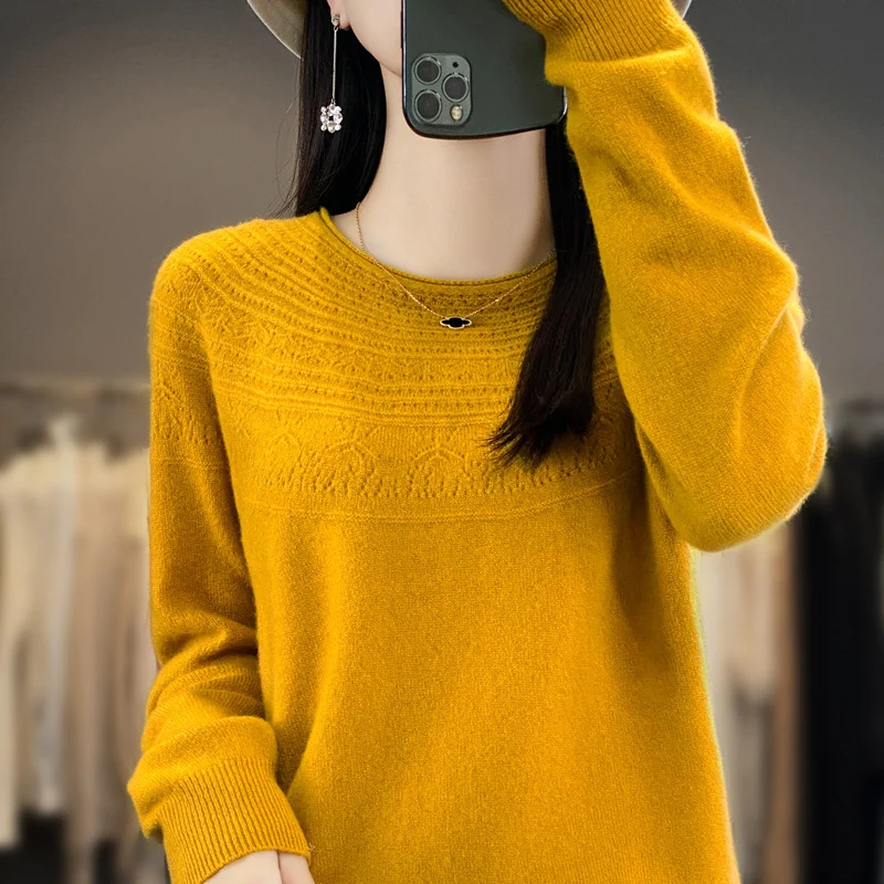 Damen Rundhals-Feinstrickpullover mit strukturierter Passe und Kaschmir-Optik Nord Taschen