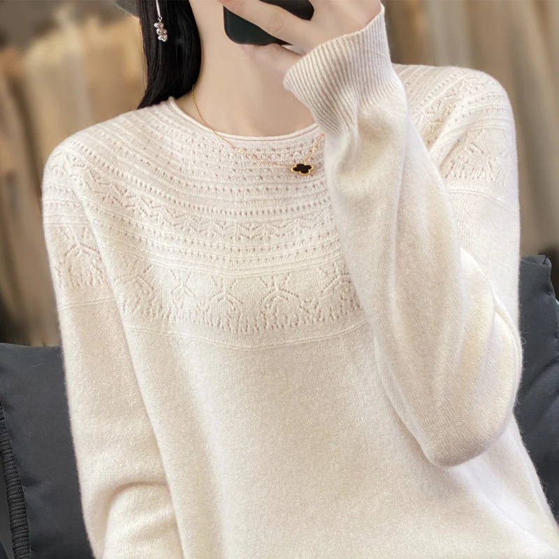 Damen Rundhals-Feinstrickpullover mit strukturierter Passe und Kaschmir-Optik Nord Taschen