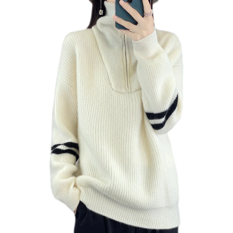Damen Rippenstrick-Pullover mit halbem Reißverschluss, hohem Stehkragen und lässiger Passform Nord Taschen