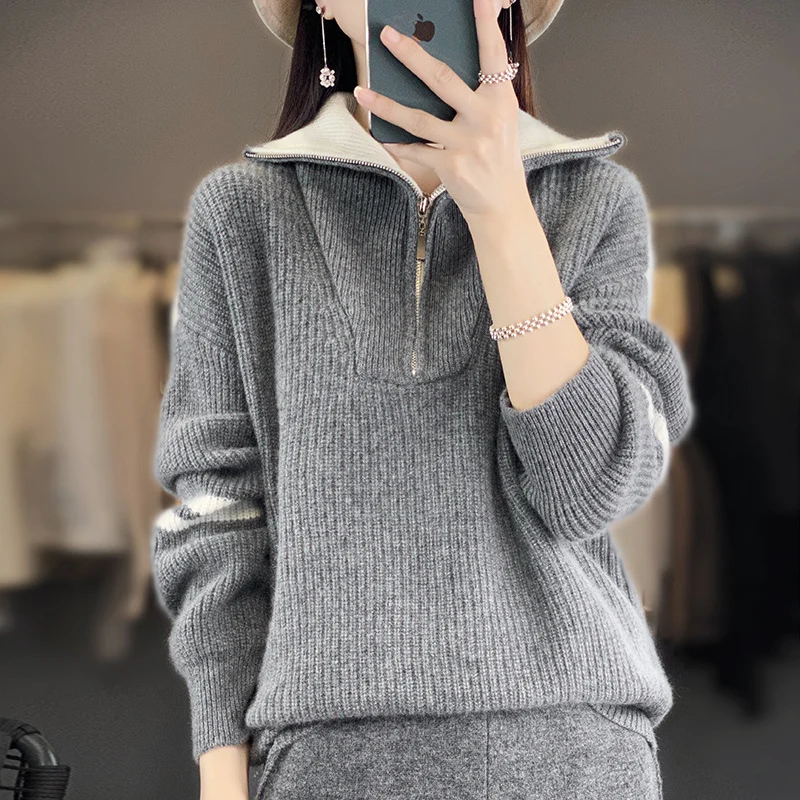 Damen Rippenstrick-Pullover mit halbem Reißverschluss, hohem Stehkragen und lässiger Passform Nord Taschen